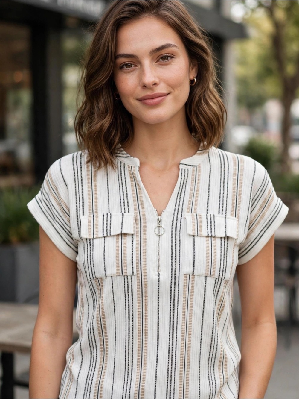 Striped Short-Sleeve Zip Front Blouse in Multi-Color
